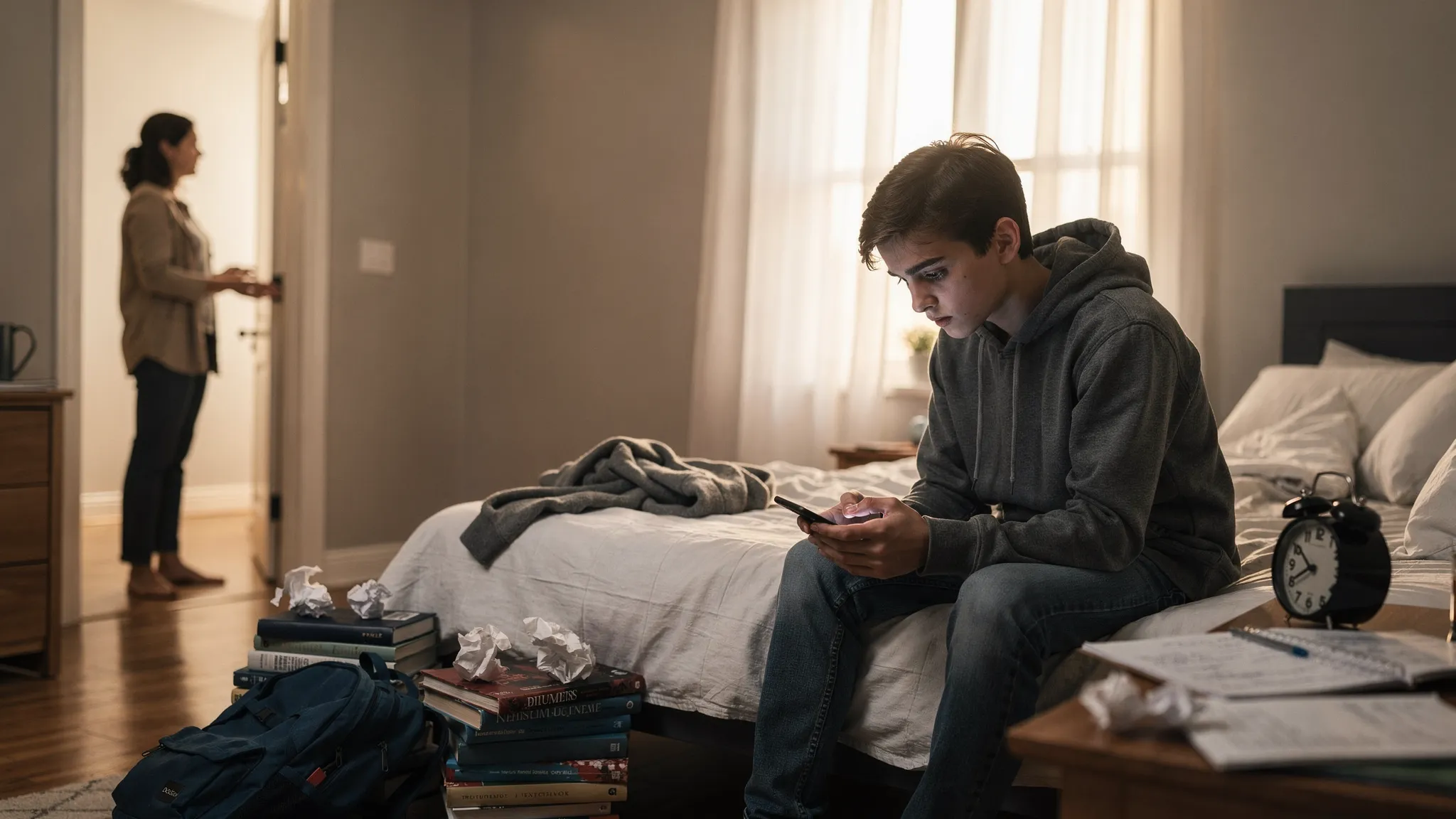 A teen sits on the edge of a bed in a softly lit bedroom, looking down at a phone with a worried expression, while a parent stands in the doorway with a supportive posture. The scene hints at subtle signs like withdrawal, sleep changes and school stress.