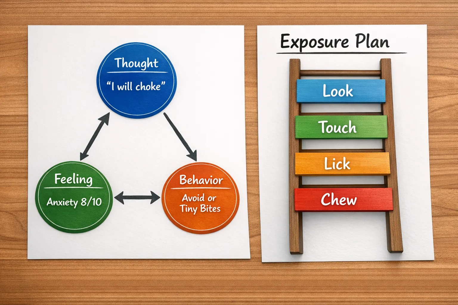 A simple CBT triangle diagram tailored to feeding therapy, showing Thought (I will choke), Feeling (anxiety 8/10), Behavior (avoid or tiny bites), with arrows connecting each, placed next to a ladder-style exposure plan moving from look to touch to lick to chew.